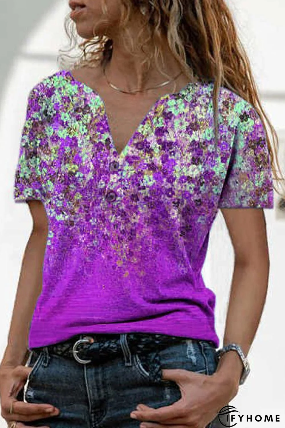 Floral Print V-Neck Short Sleeve T-Shirt | IFYHOME