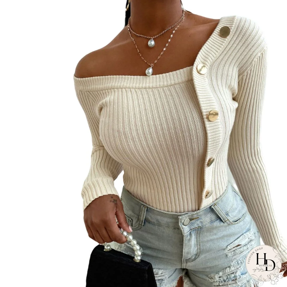 Woman's Fashionable Sexy Knitted Ribbed Top, Solid Color Long Sleeve Strapless Button Decoration Sweater, Daily Life