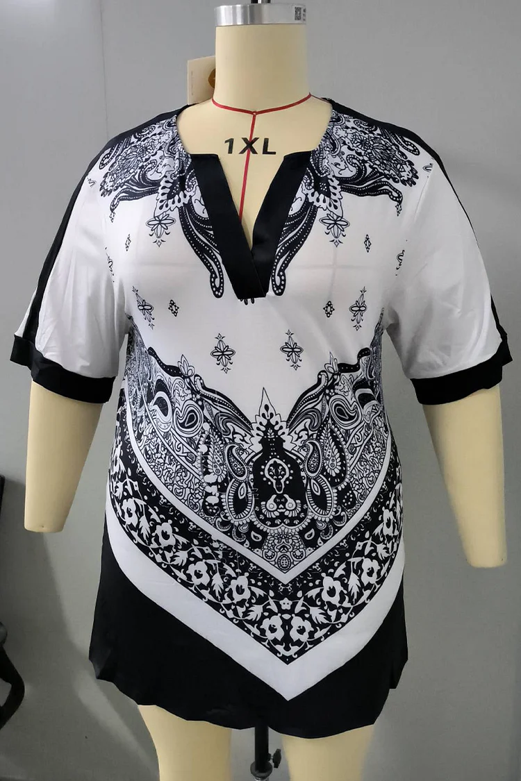 Plus Size Split Neck Paisley Print Short Sleeve Blouses  Flycurvy [product_label]