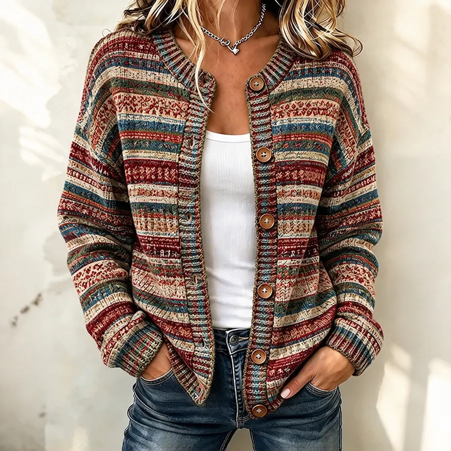 Comstylish Women's Retro Gradient Stripes Art Print Knit Button Cardigan