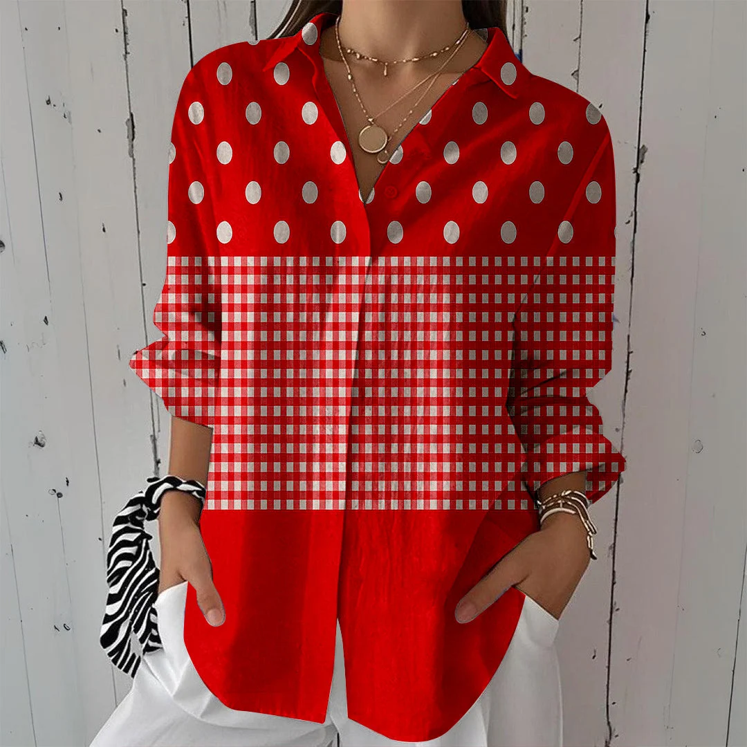 Style & Comfort for Mature Women Women Striped,Polka-Dot,Red DZCL0303 3/4 Sleeve Shirt Collar Printed Button Tops