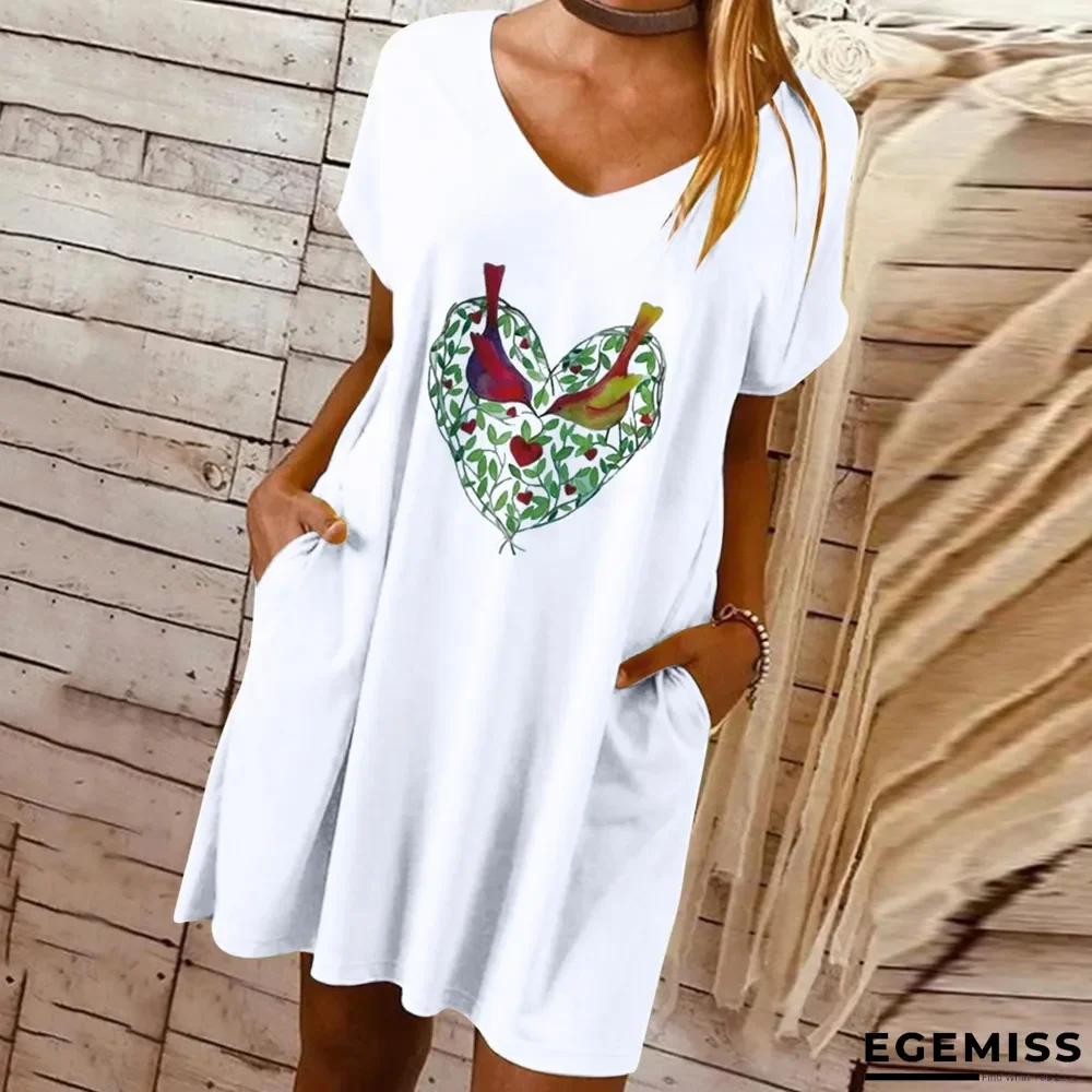 Printed Pocket Loose Dress White Dresses | EGEMISS