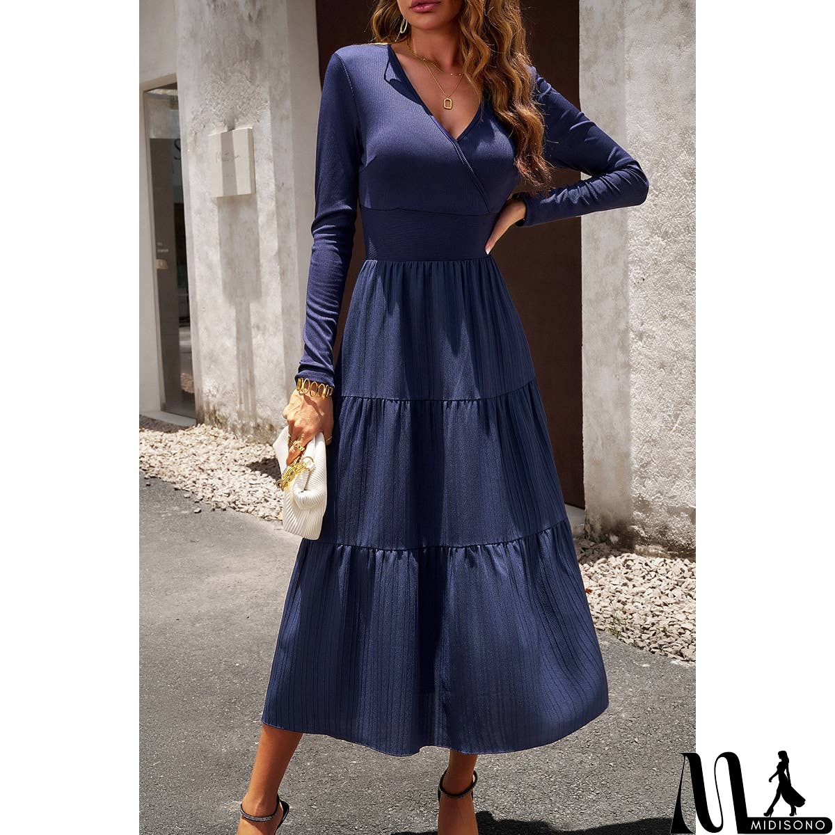 MidiSono - Elastic Waist Fit A Line Color Block Ruffle Dress