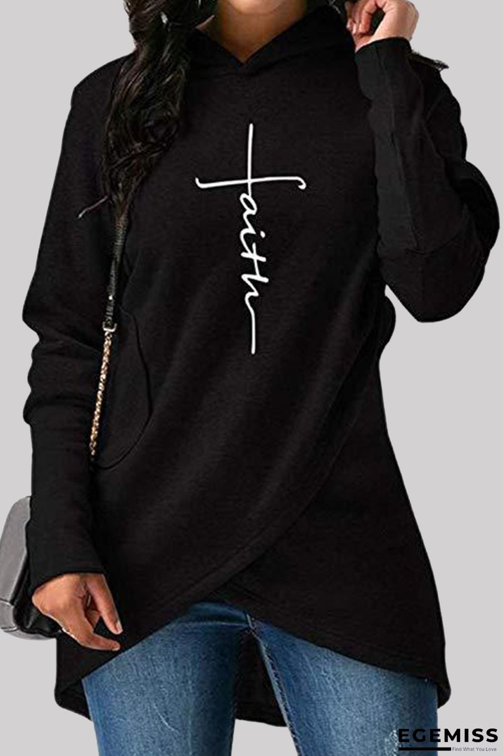 Black Fashion Casual Print Patchwork Hooded Collar Tops | EGEMISS