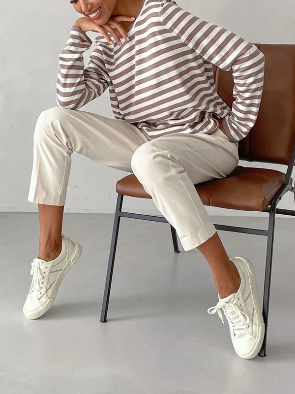 Chic Long Sleeves Loose Striped Round-Neck Sweater Tops with Split ...