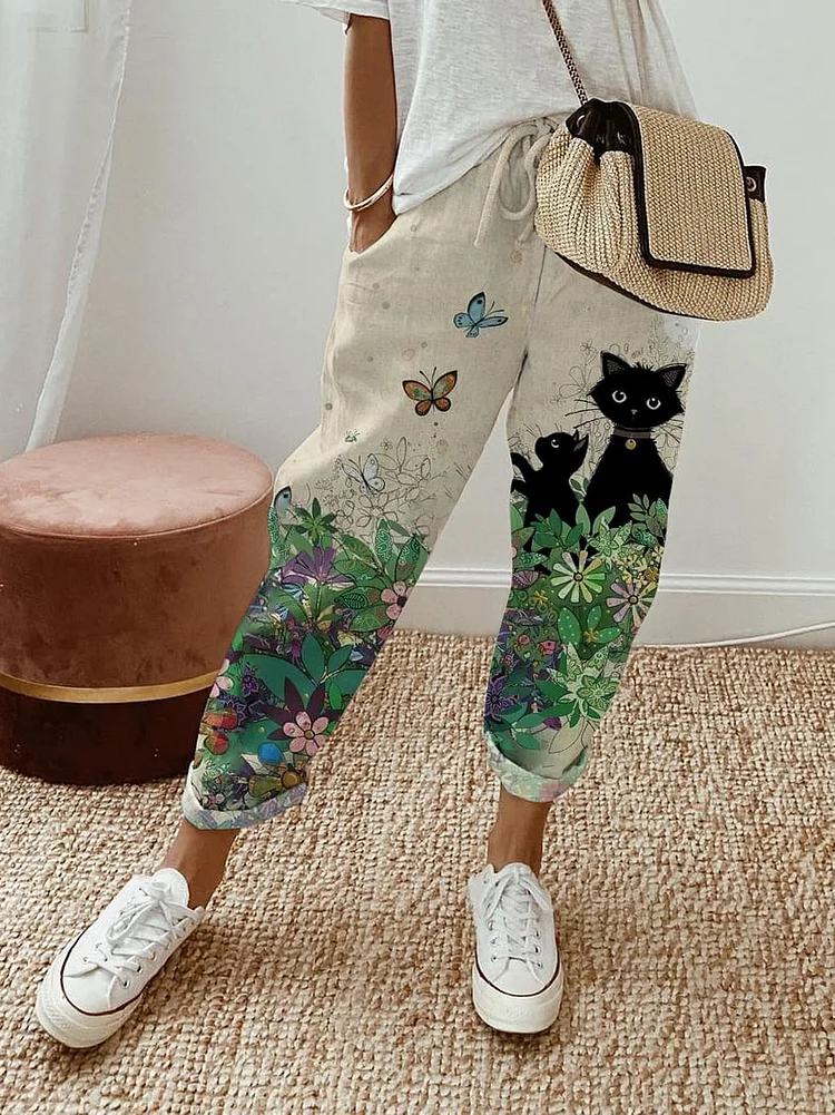 Ladies Cat Print Casual Pants