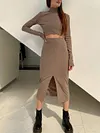 Simple Knitted High-Neck Long Sleeve Top&Split-Front Skirt Casual Suit
