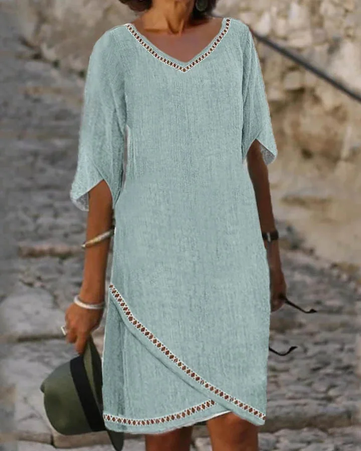 Ladies Casual Solid Color V Neck Short Sleeve Dress