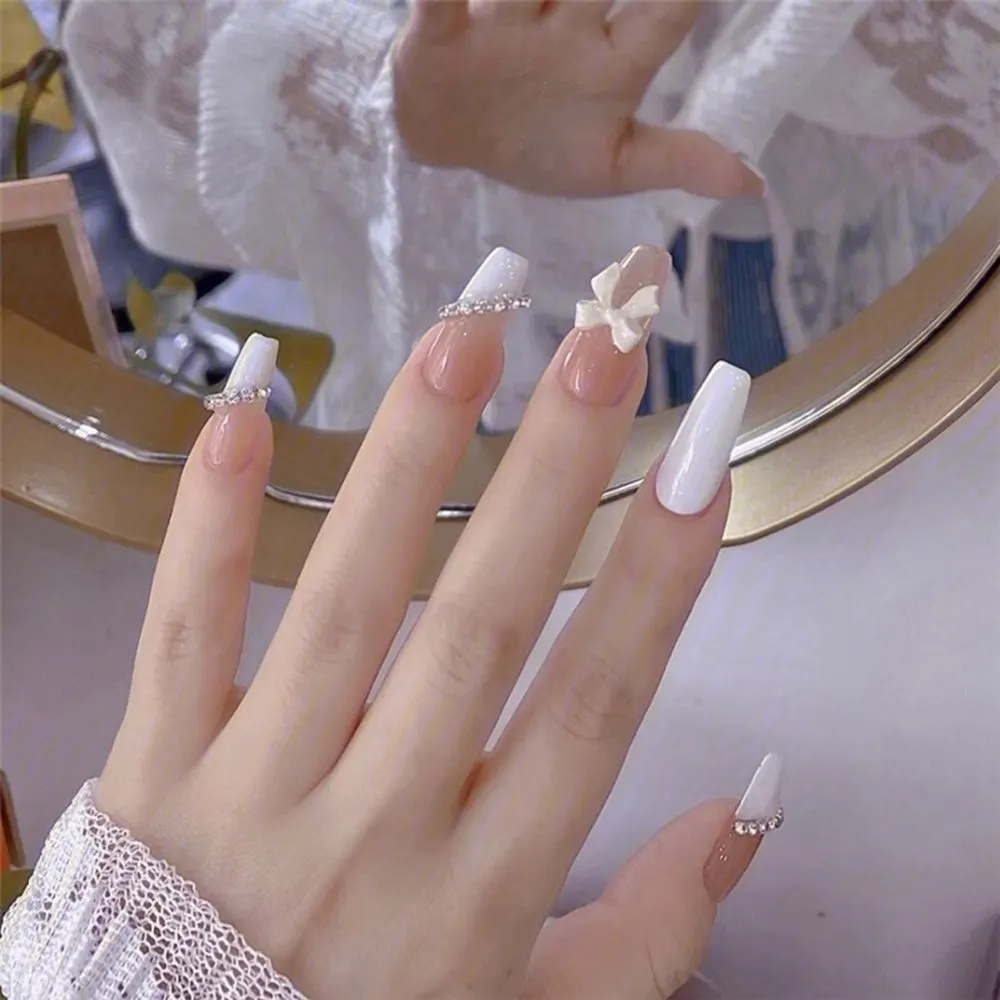 24Pcs Heart Detachable Ballerina False Nails With Butterfly Decorate Full Cover Artificial Wearable Coffin Press On Nails Tips-Nail Inspo