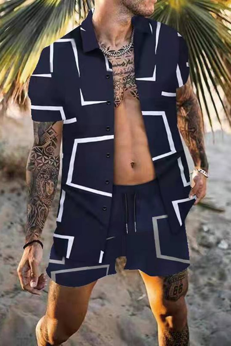 Tiboyz OutfitsGeometric Pattern Resort Short Sleeve Shirt And Shorts Set