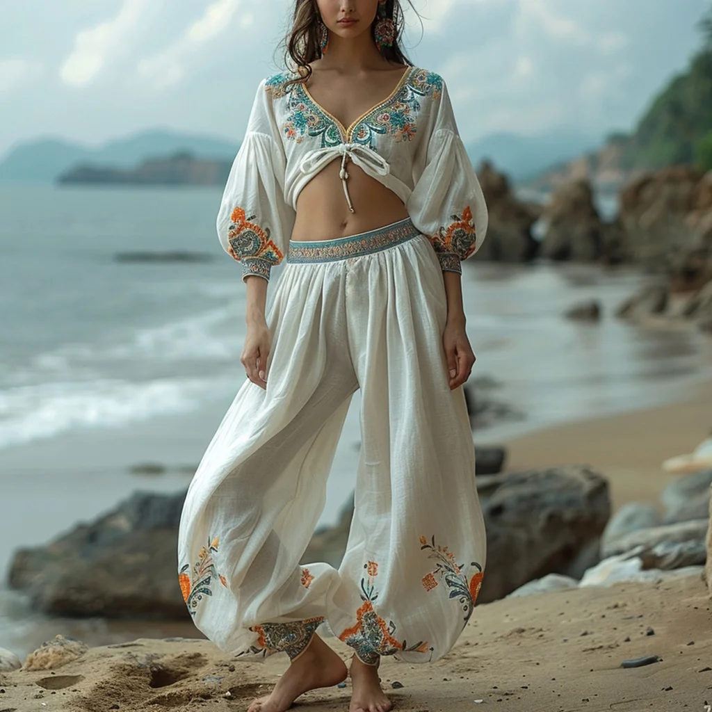 Retro Long Linen Wide Leg Pants For Women Casual Bohemian Long Linen Pants Tropical Vacation Long Sleeve Trousers Suit