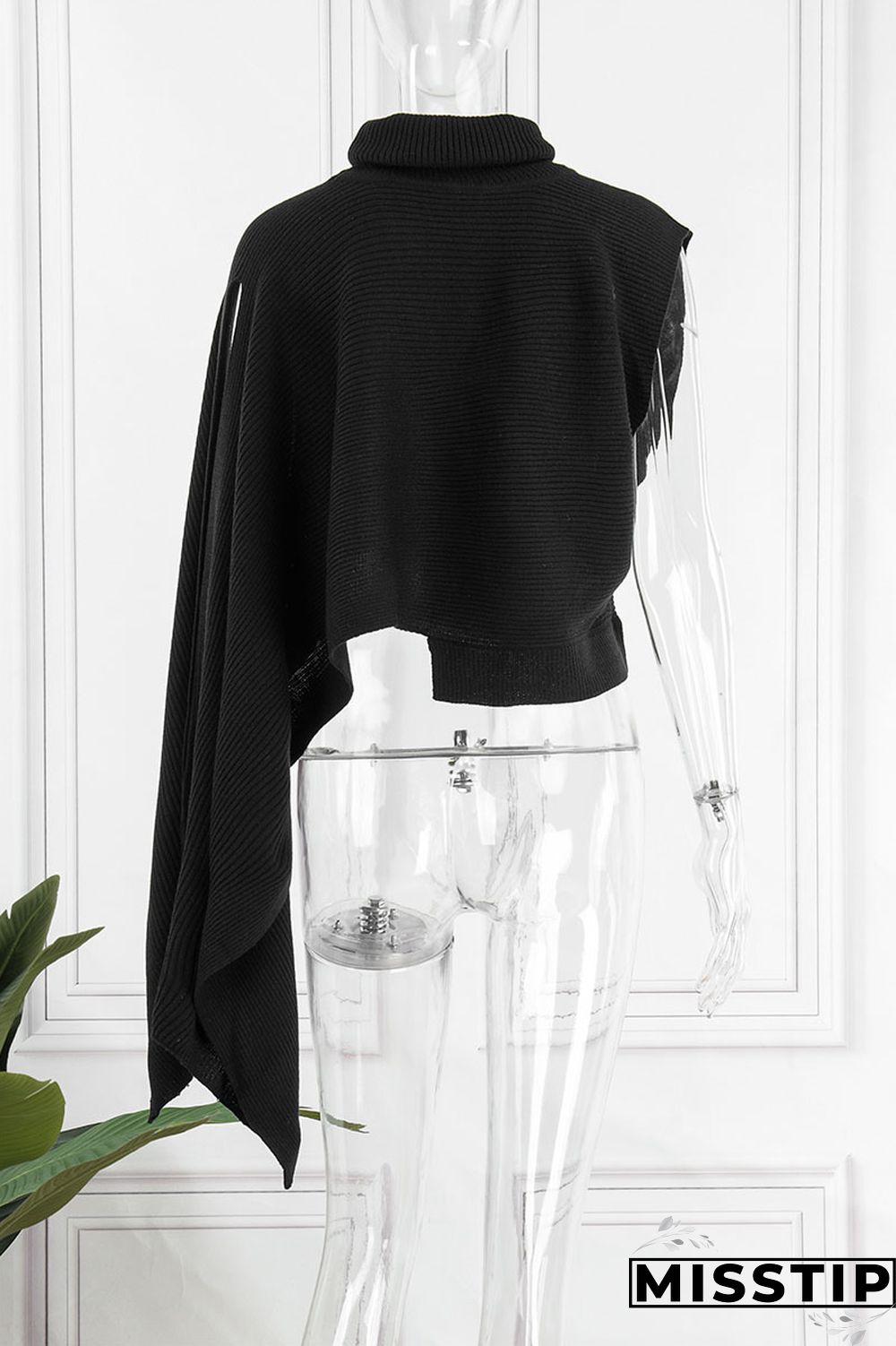 Red Street Solid Patchwork Slit Asymmetrical Turtleneck Tops