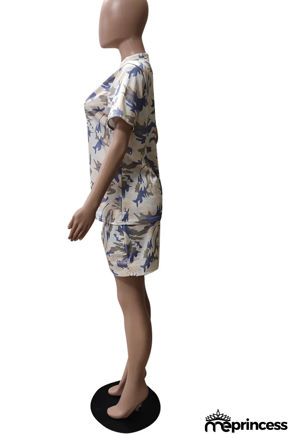 Blue Casual Camouflage Print Split Joint V Neck Plus Size Two Pieces