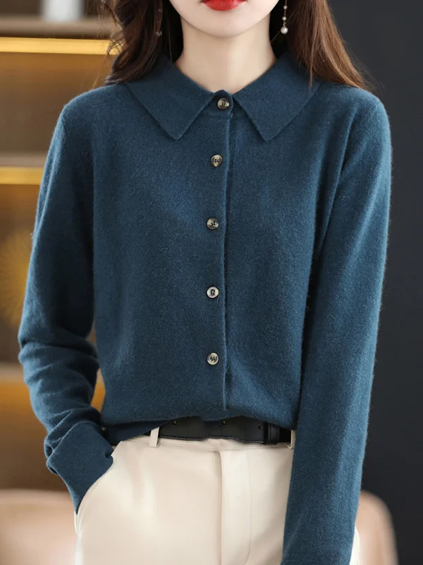 Casual Loose Long Sleeves Buttoned Solid Color Lapel Collar Cardigan Tops