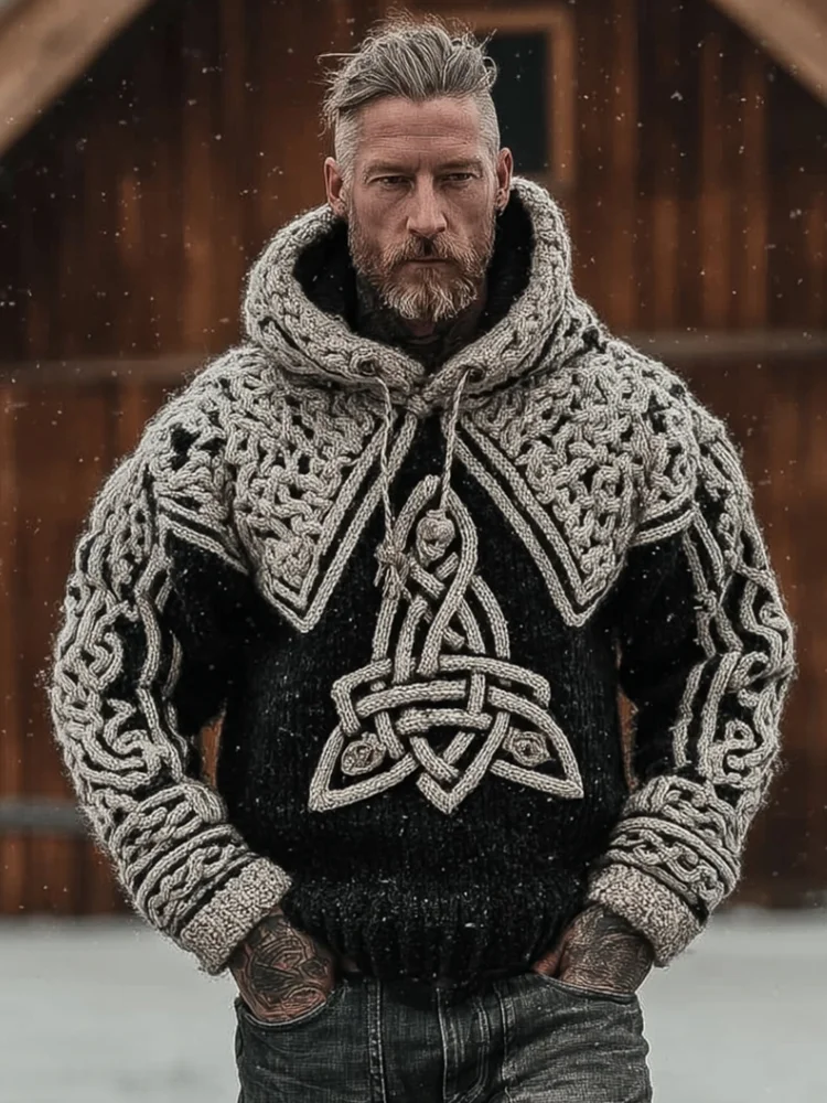 Men's Viking Style Celtic Knot Thick Needle Hooded Sweater