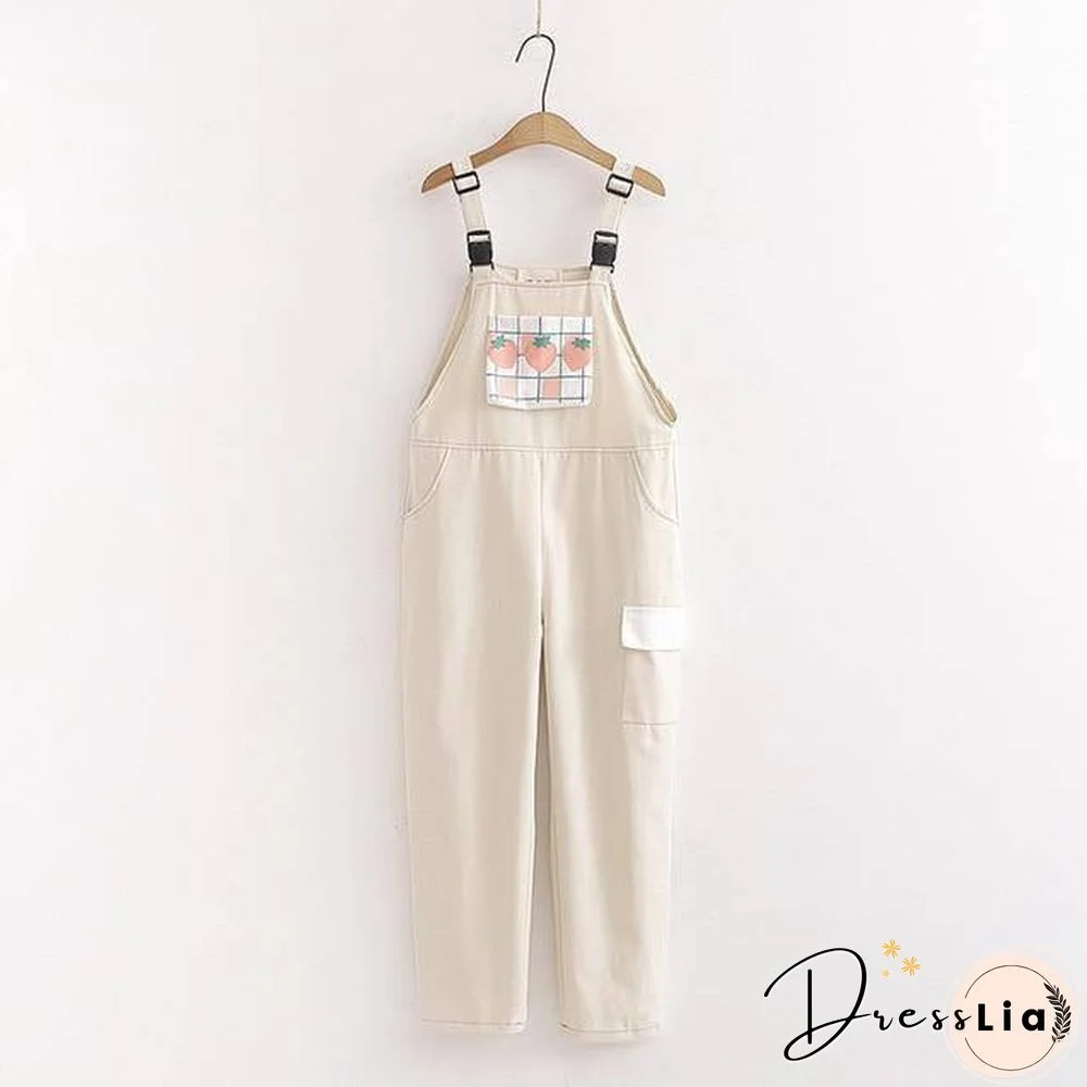 Harajuku Kawaii Strap Pants Women Sweet Plaid Strawberry Print Casual Trousers Female Pink Overalls Girls Cute Vintage Jumpsuit