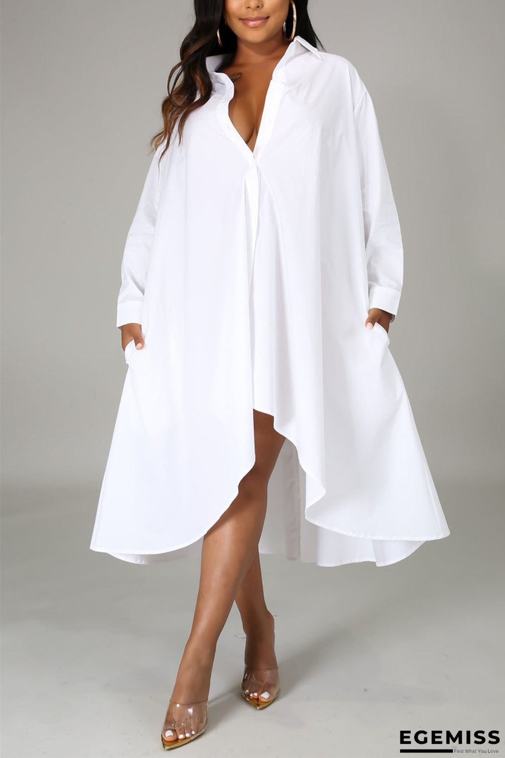 White Fashion Casual Regular Sleeve Long Sleeve Turndown Collar Shirt Dress Knee Length Solid Dresses | EGEMISS