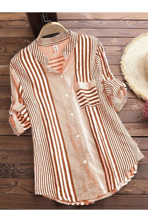 Casual Tops 3/4 Sleeve Stripe Printed Collared Shirts