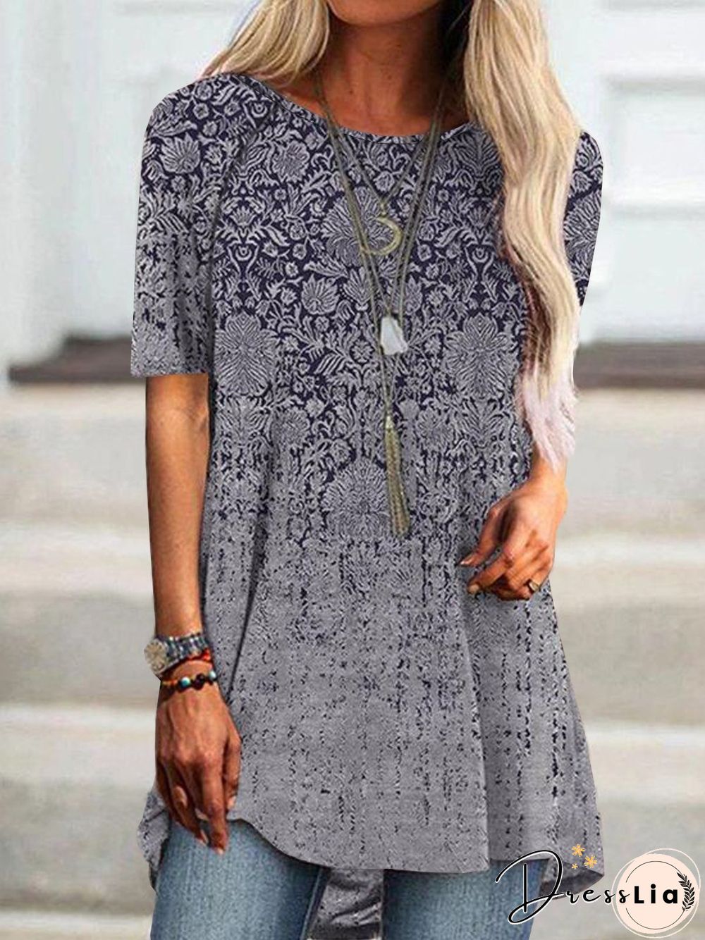 Boho Geometric Tribal Floral Loosen Crew Neck Tunic Short Sleeve T-Shirt