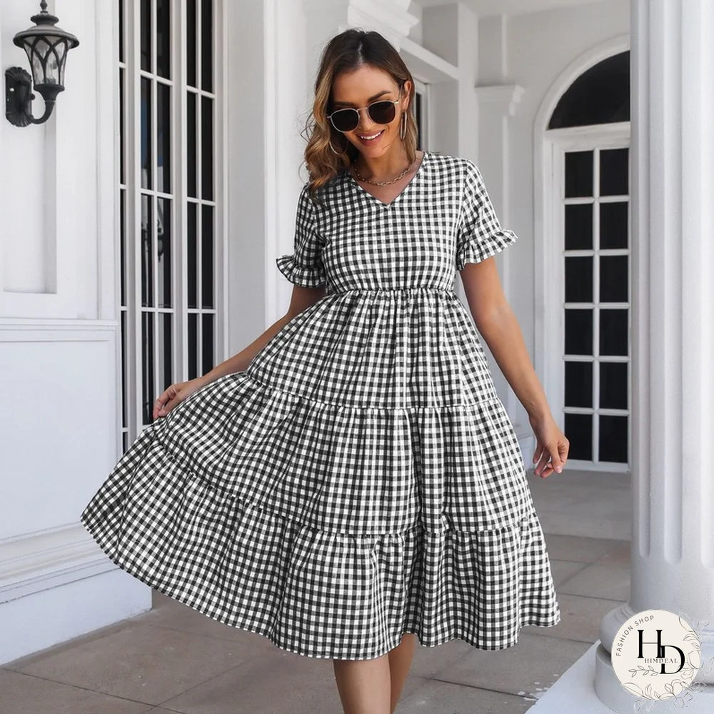 Elegant Fashion Plaid Short Sleeve Dress For Women Dresses New Ruffled V-Neck High Waist Swing A-line Midi Dress