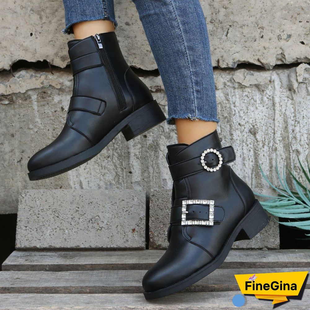 Women's Solid Color Belt Buckle Thick Heel Mid Heel Short Martin Boots