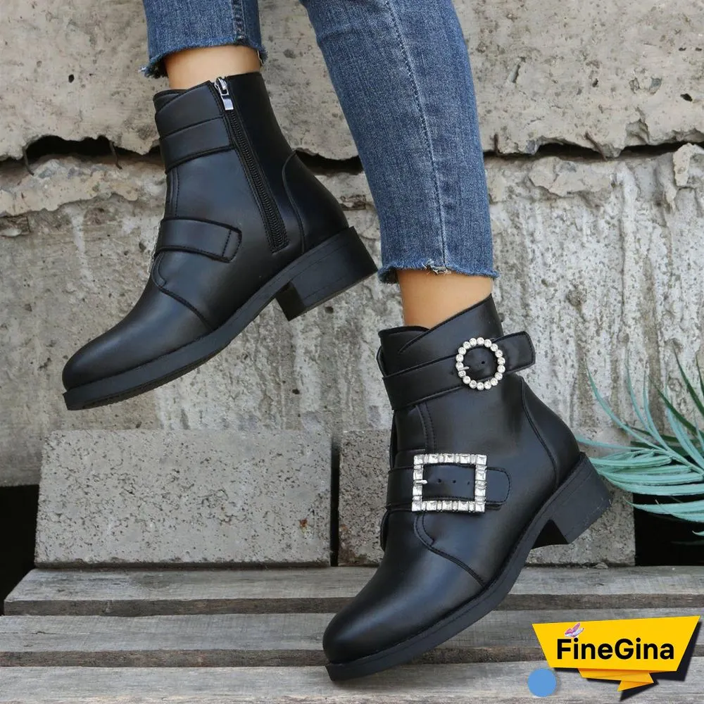 Women's Solid Color Belt Buckle Thick Heel Mid Heel Short Martin Boots