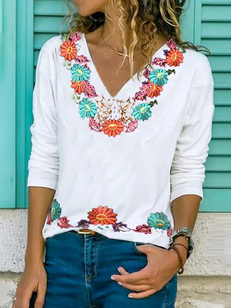 Butterfly Long Sleeve Casual Shift Shirts & Tops