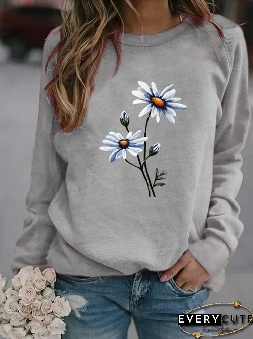Womens Fashion Spring and Autumn Clothing Flower Print Casual Sweatshirt Long Sleeve