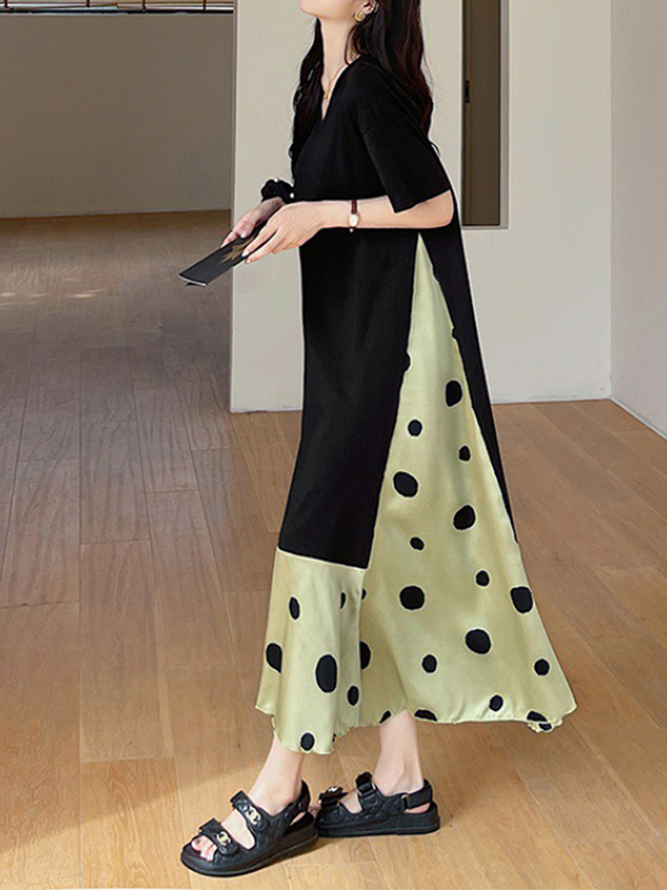 Colorblock Polka Dot V Neck Cotton Satin Maxi Dress