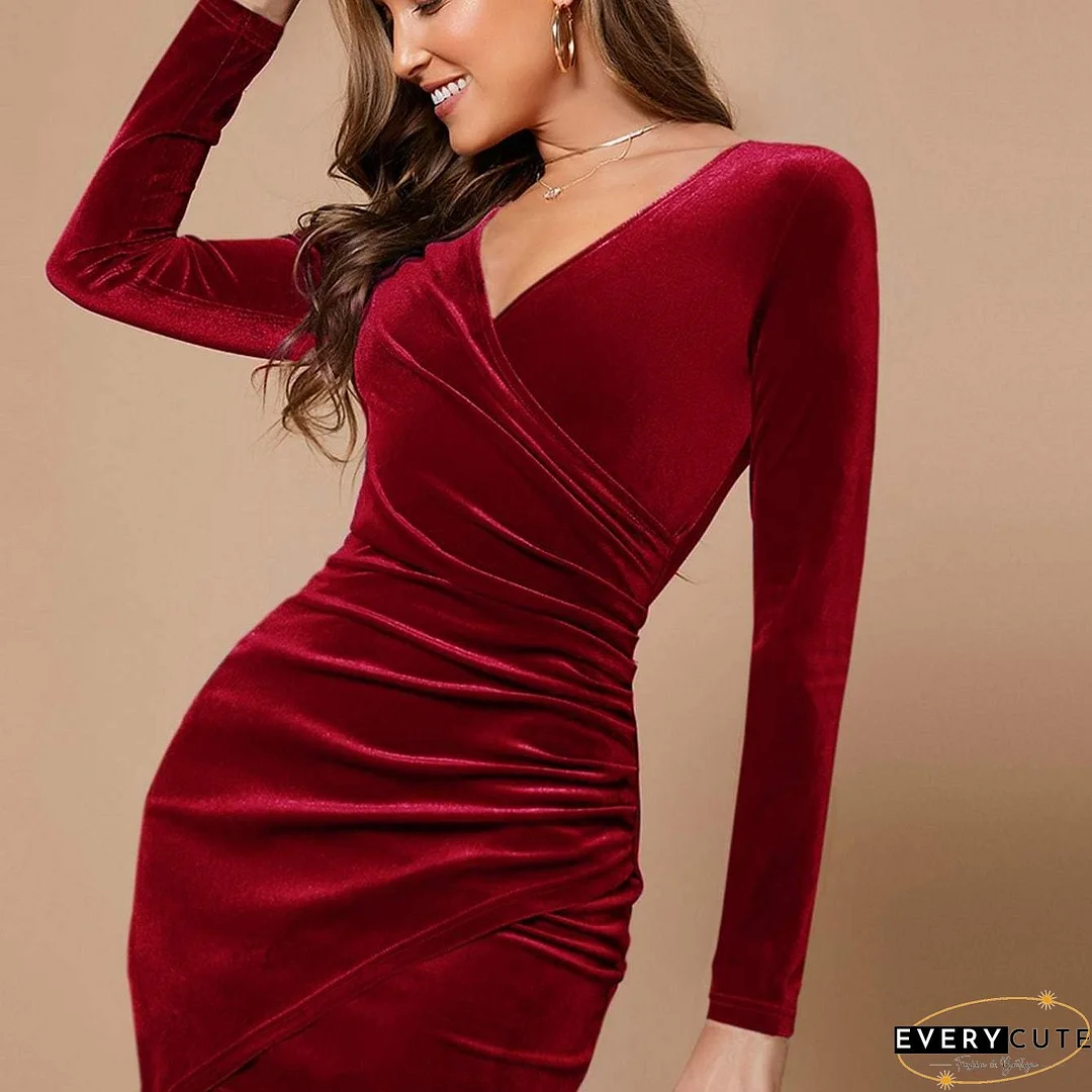 Ruched V Neck Dress, Elegant Wrap Bodycon Long Sleeve Dress, Women's Clothing