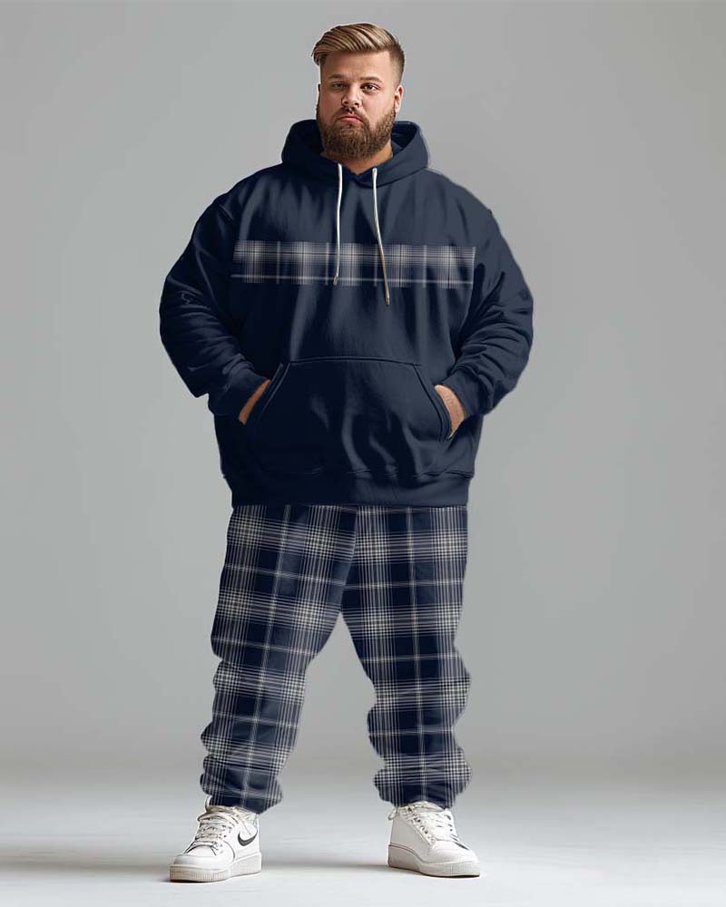Men's Street Fashion Blue Classic Plaid Spliced Plus Size Hoodie Suit