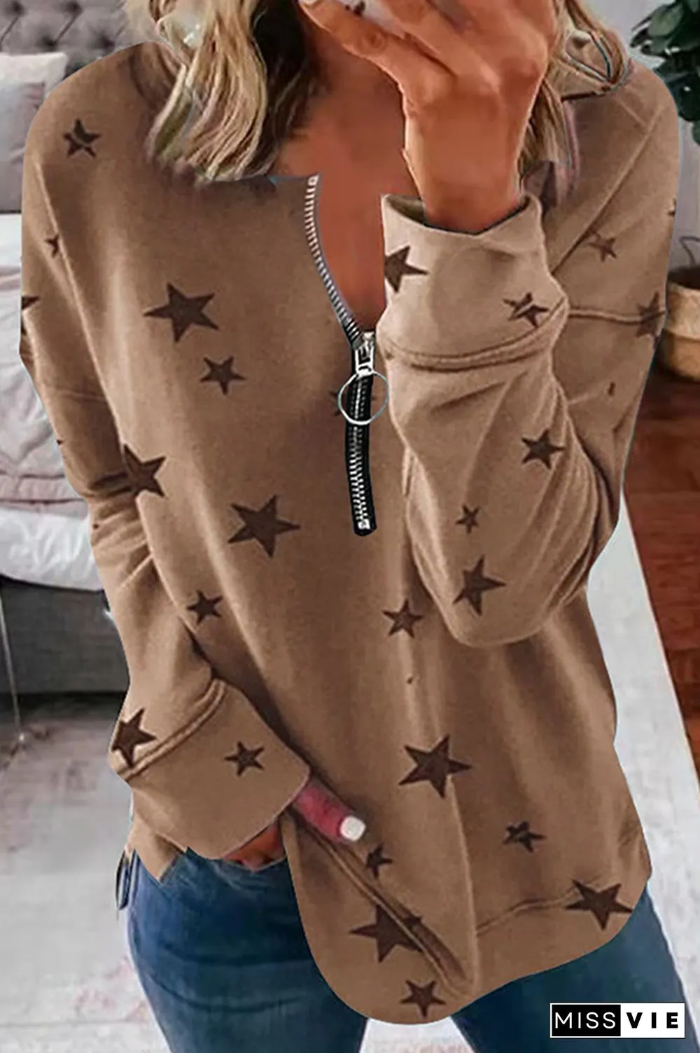 Casual The stars Split Joint Zipper Zipper Collar Tops(8 colors)