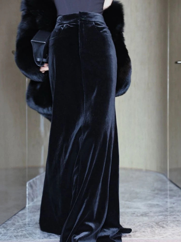 OLCooL Velvet Black Skirts for Women Elegant High Waist Hip Wrap Long Skirt Female Vintage Business Dinner Dress Winter Clothes olcool