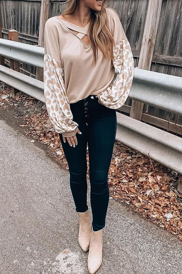 Long Sleeve Leopard Print V Neck Blouse-Allyzone-Allyzone
