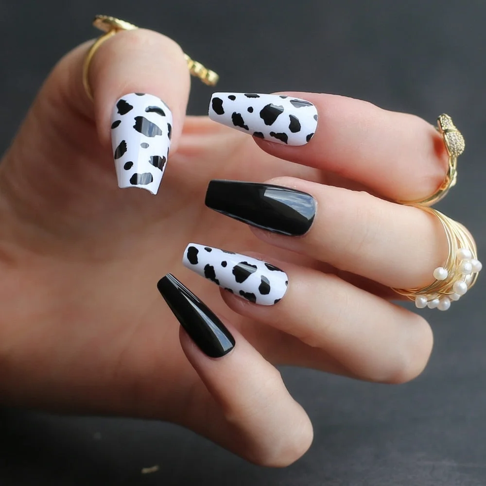 Black white mix and match cow print fake nails Medium coffin false nail UV design gel popular Black spots-Nail Inspo