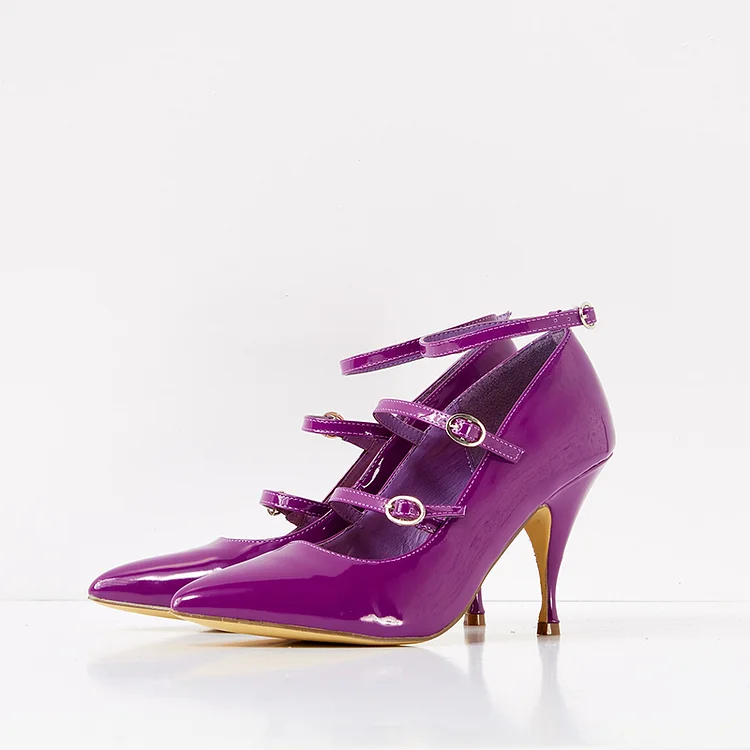Purple Patent Leather Buckle Pointy Toe Cone Heel Mary Jane Pumps |FSJ Shoes