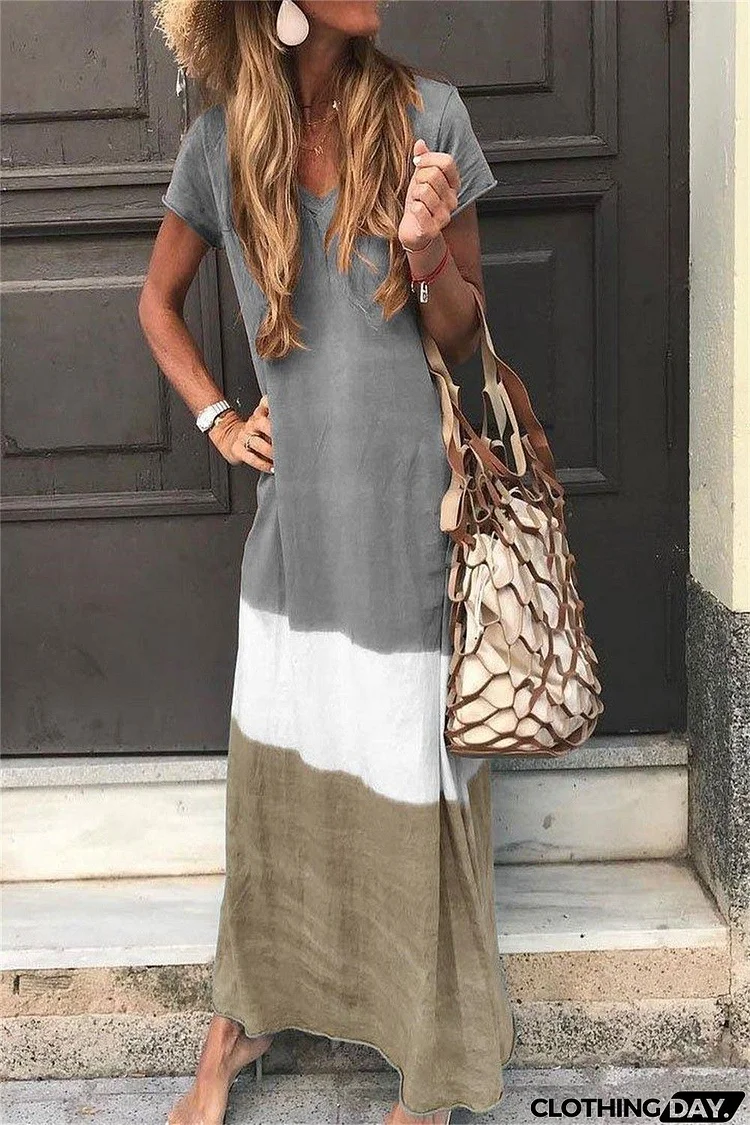 Stripe Patchwork V-neck Short Sleeves Maxi Dress