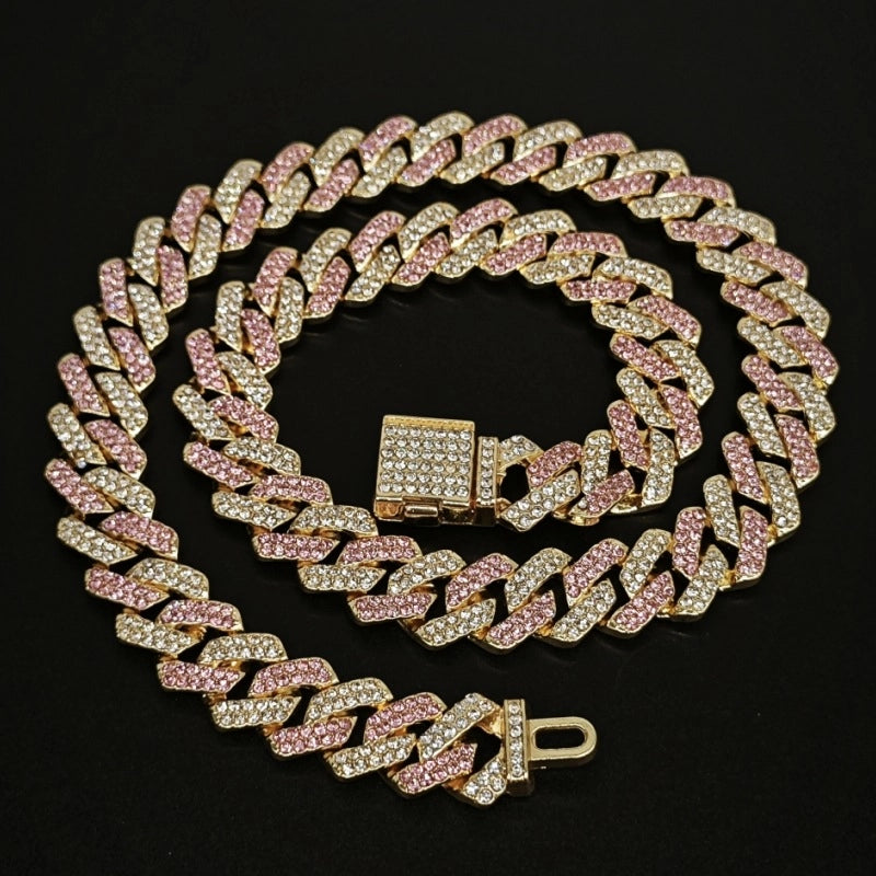 Qianshimei New 14mm Encryption Color Half Blue Half Pink Dragon Beard Buckle Flip Rhombus Cuban Chain Hip Hop Necklace