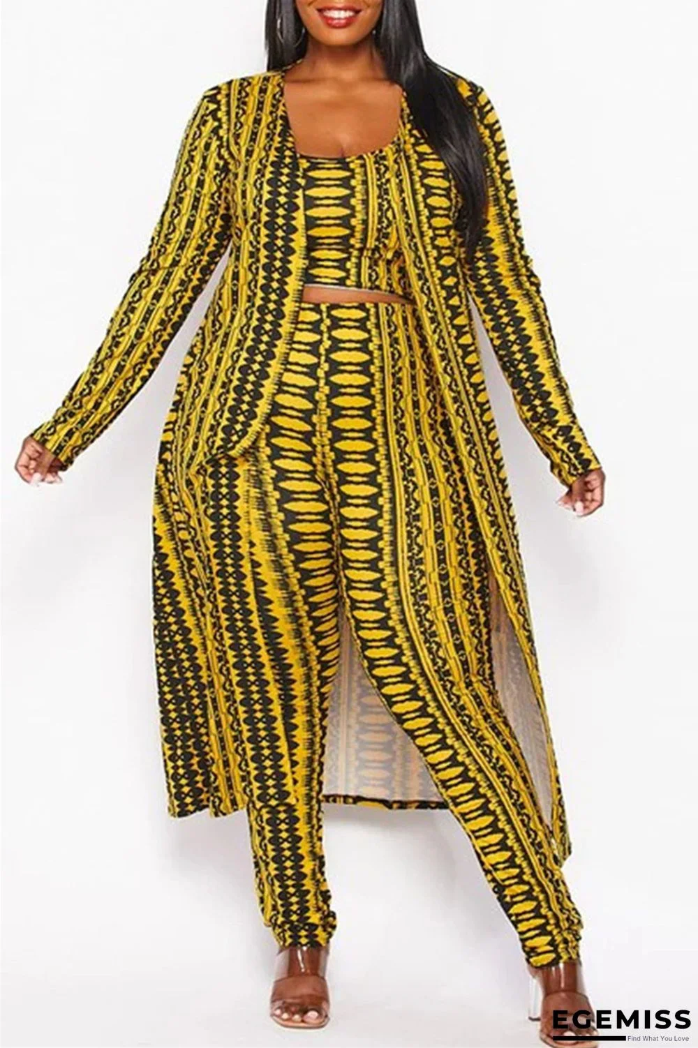 Yellow Casual Print Cardigan Vests Pants O Neck Plus Size Three-piece Set | EGEMISS