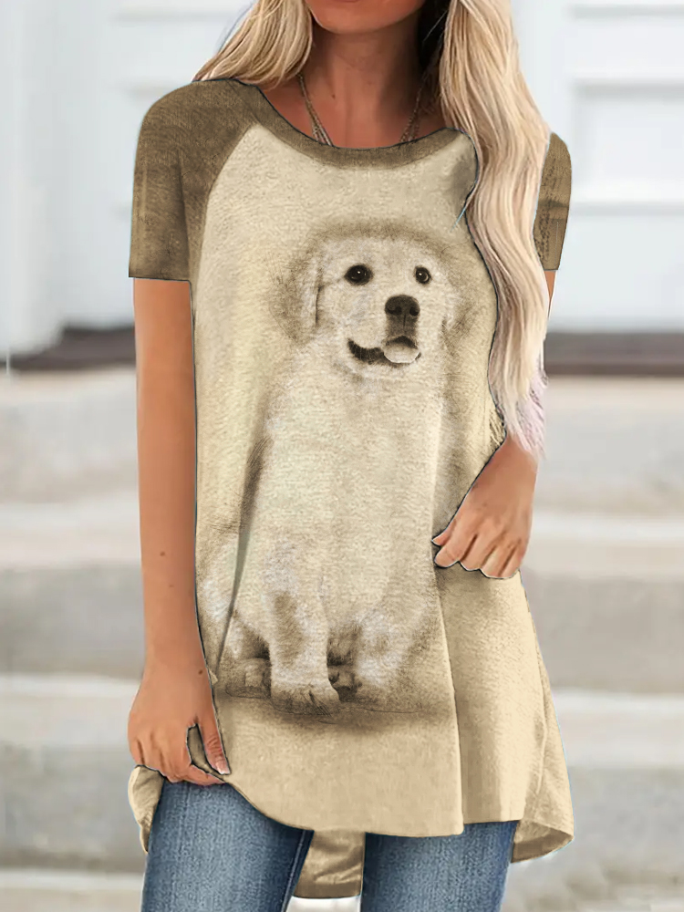 Cute Puppy Print Ladies Short Sleeve Long T-Shirt
