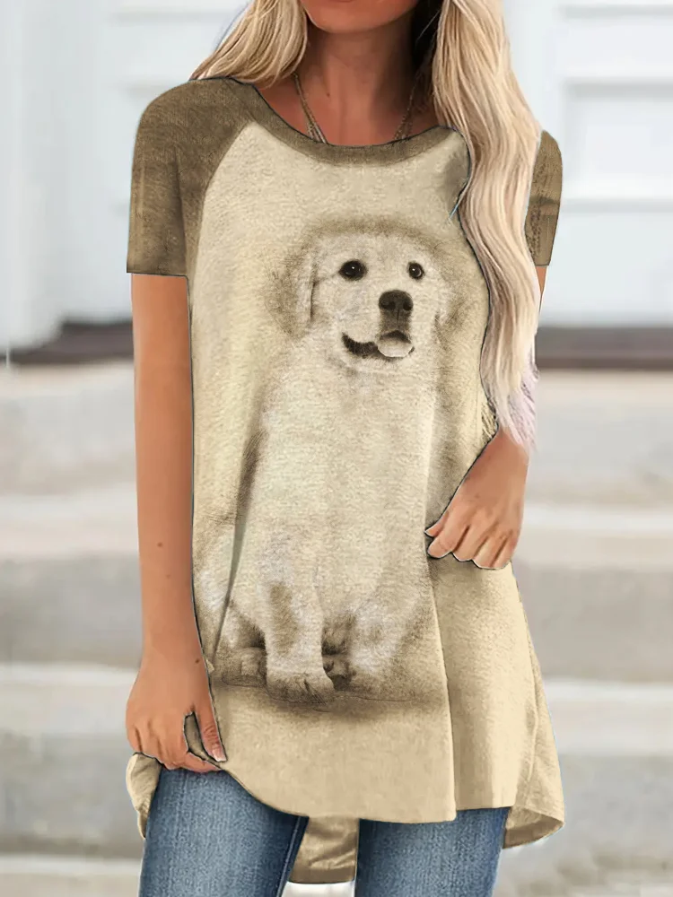 Cute Puppy Print Ladies Short Sleeve Long T-Shirt
