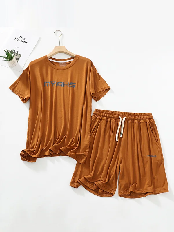 Loose Short Sleeves Round-Neck T-Shirt Top +Drawstring Elasticity Pleated Shorts Pajama Sets