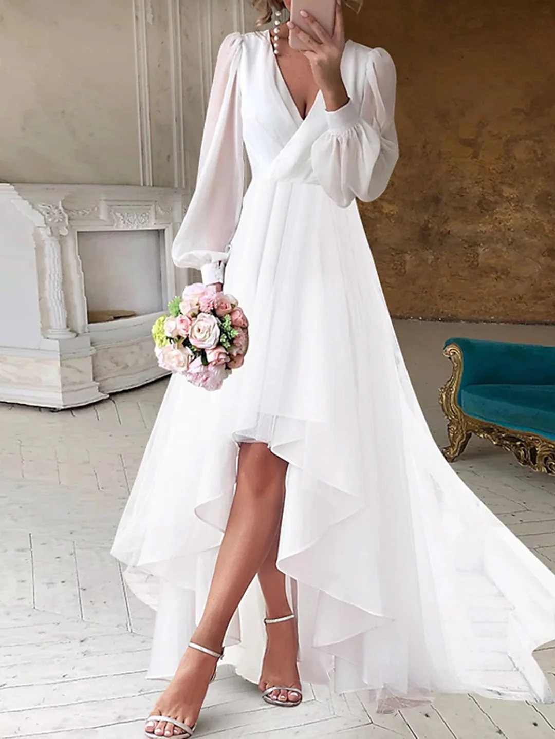 Uveng Uveng Temperament Elegant Solid Color V-Neck Long Sleeves To Collect Women's Long Dress