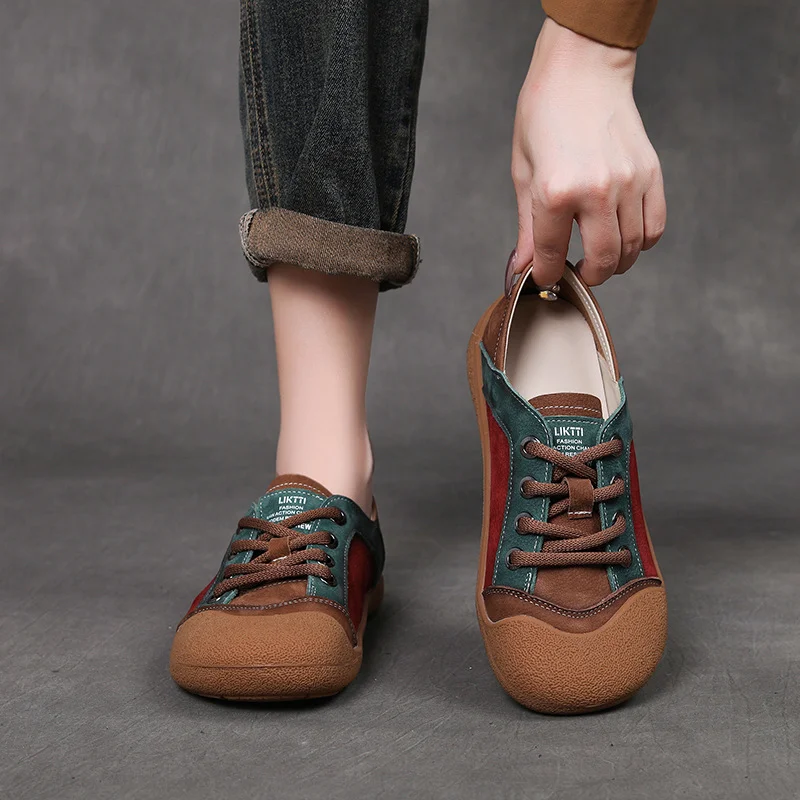 Yyvonne Layer Cowhide 2025 Autumn New Lace Sports Leisure Round Head Flat Bottom Single-Shoe Soft-Soled Waterproof Table