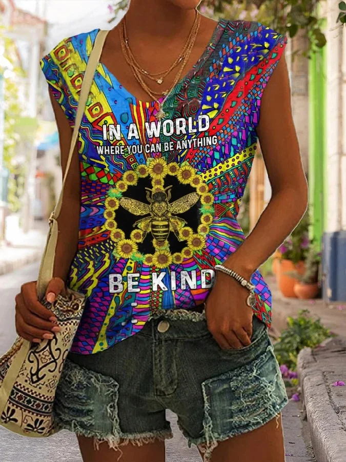 V-neck Hippie Bee In A World Where You Can Be Anything Tank Top