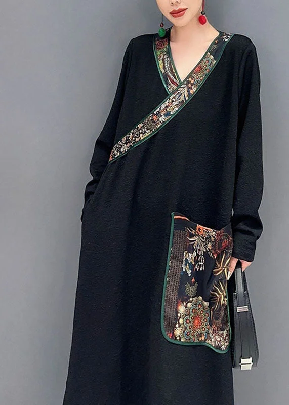 Fashion Black V Neck Cinched Patchwork Tulle Mid Dress Summer main image 0
