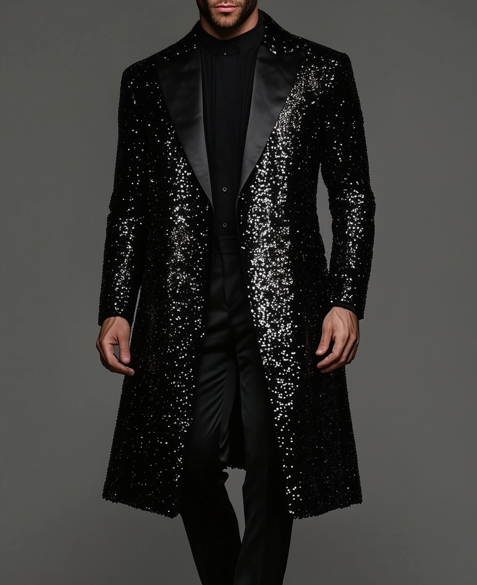 Okaywear Sequin Peaked Lapel Long Sleeve Overcoat