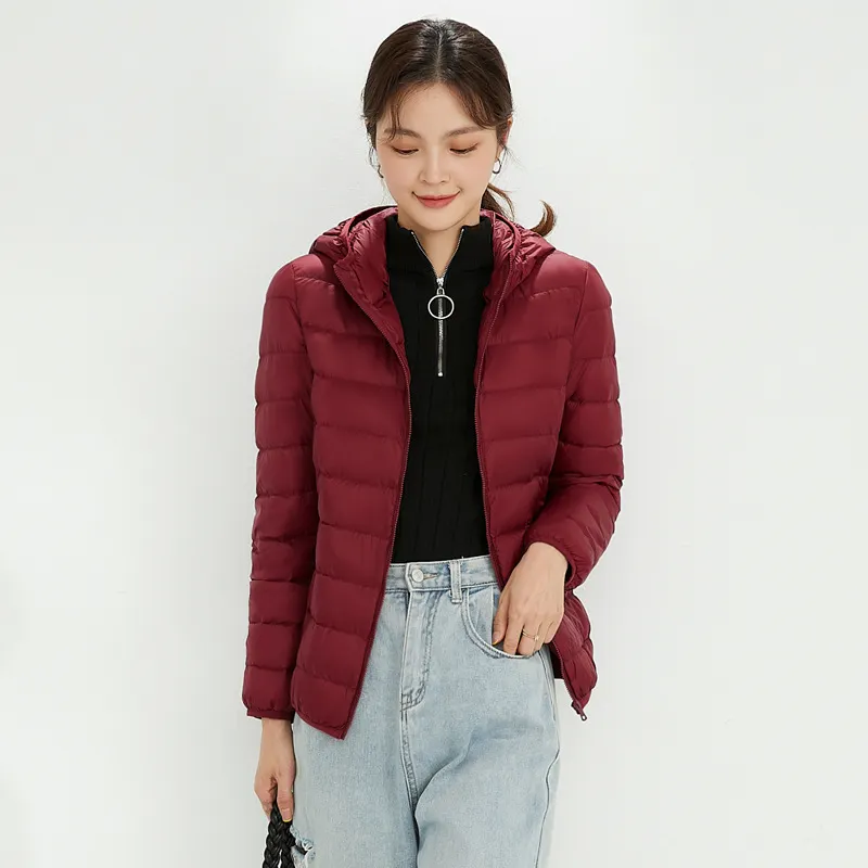 Uveng 2024 New Down Jacket Female Light Short Hooded Korean Version Large Size Slim Warm White Duck Down Pure Color Coat Tide