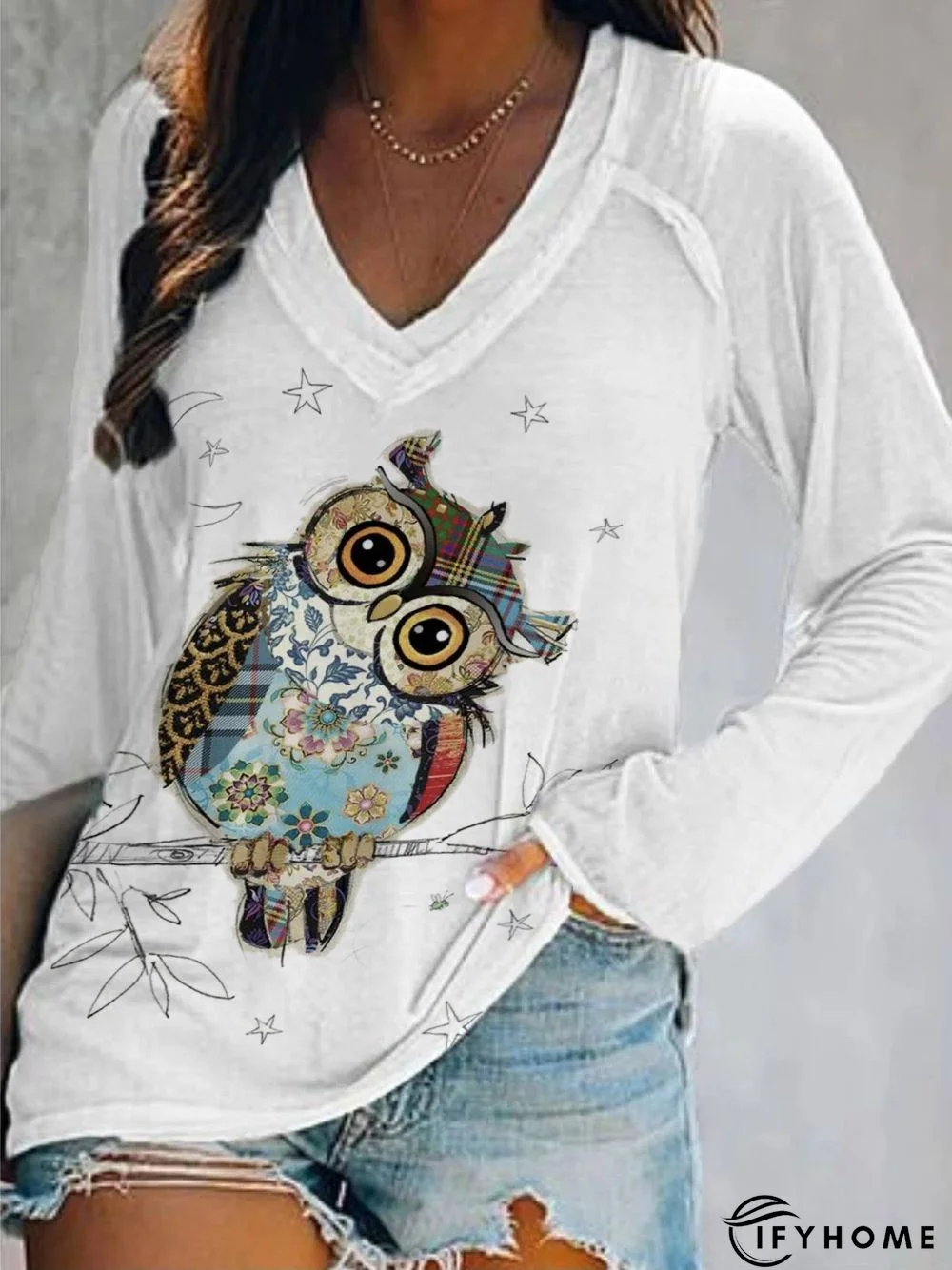 Casual Long Sleeve Round Neck Plus Size Printed Tops T-shirts | IFYHOME