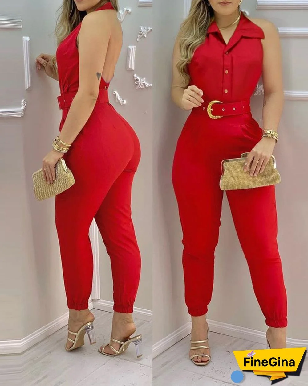 Women Summer Sping Plain Thick Strap Jumpsuit With Belt V-Neck Thick Strap Sleeveless Solid Casual